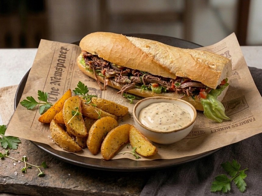 Bocata de res desmechada con crema de queso y cebolla crujiente